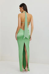 Alice Dress by Lexi, in kiwi green colour, deep cowl neckline, luxe satin fabric, halter tie-up back with adjustable strap, sleek straight fit with back split. Hire for weddings, special events, formal events, school balls.