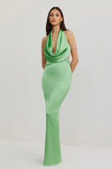 Alice Dress by Lexi, in kiwi green colour, deep cowl neckline, luxe satin fabric, halter tie-up back with adjustable strap, sleek straight fit with back split. Hire for weddings, special events, formal events, school balls.
