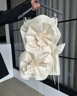 Mini dress with 3D flowers at front, adjustable lace-up back, soft-sheen fabric, fully lined evening cocktail dress