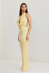 Alice Dress by Lexi, in butter yellow colour, deep cowl neckline, luxe satin fabric, halter tie-up back with adjustable strap, sleek straight fit with back split. Hire for weddings, special events, formal events, school balls.